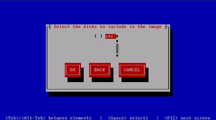 This figure shows the Disk selection screen. Selections available on this screen are: Disk partition(s). OK button. Back button. Cancel button. Tab or Alt+Tab between elements. Space selects. F12 moves to next screen.