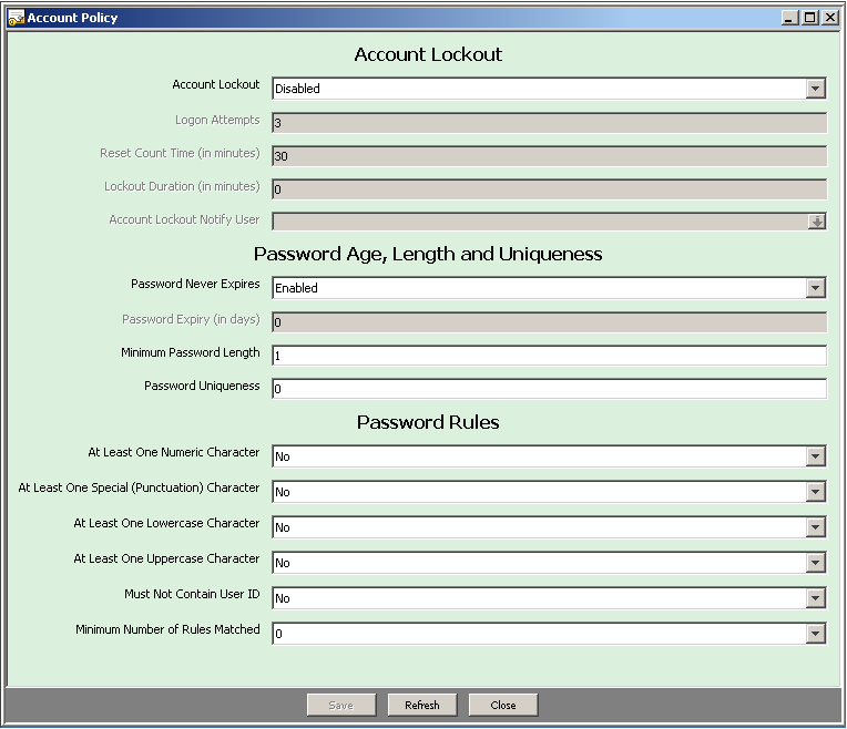 Account Policy Window