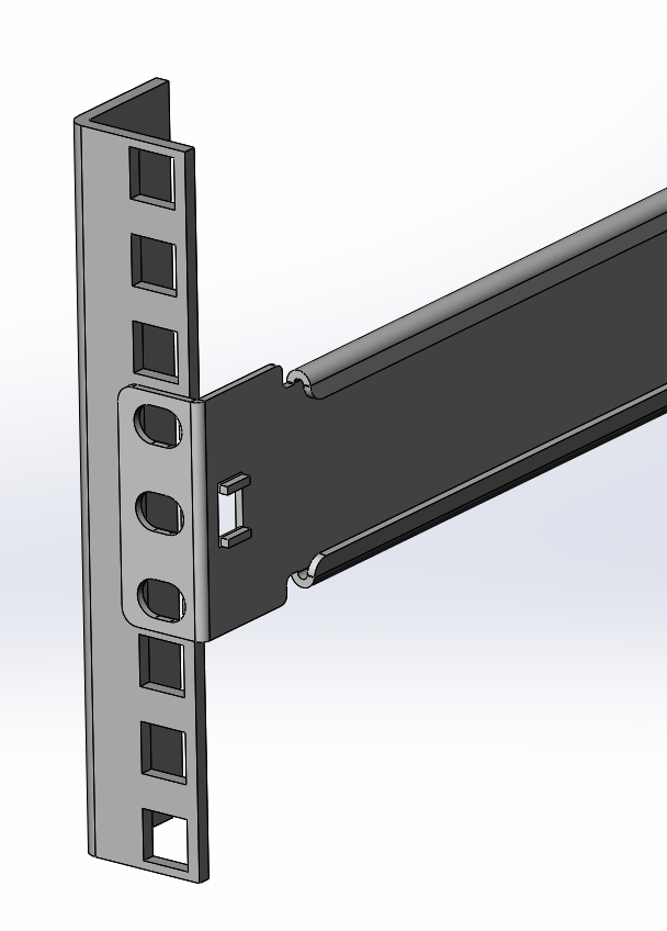 This diagram shows a stationary slide rail end with three mounting slots lined up on the front of the equipment rack.