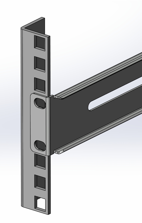 This diagram shows the stationary slide rail lined up with three mounting slots on the outside of the rear rack slide rail.