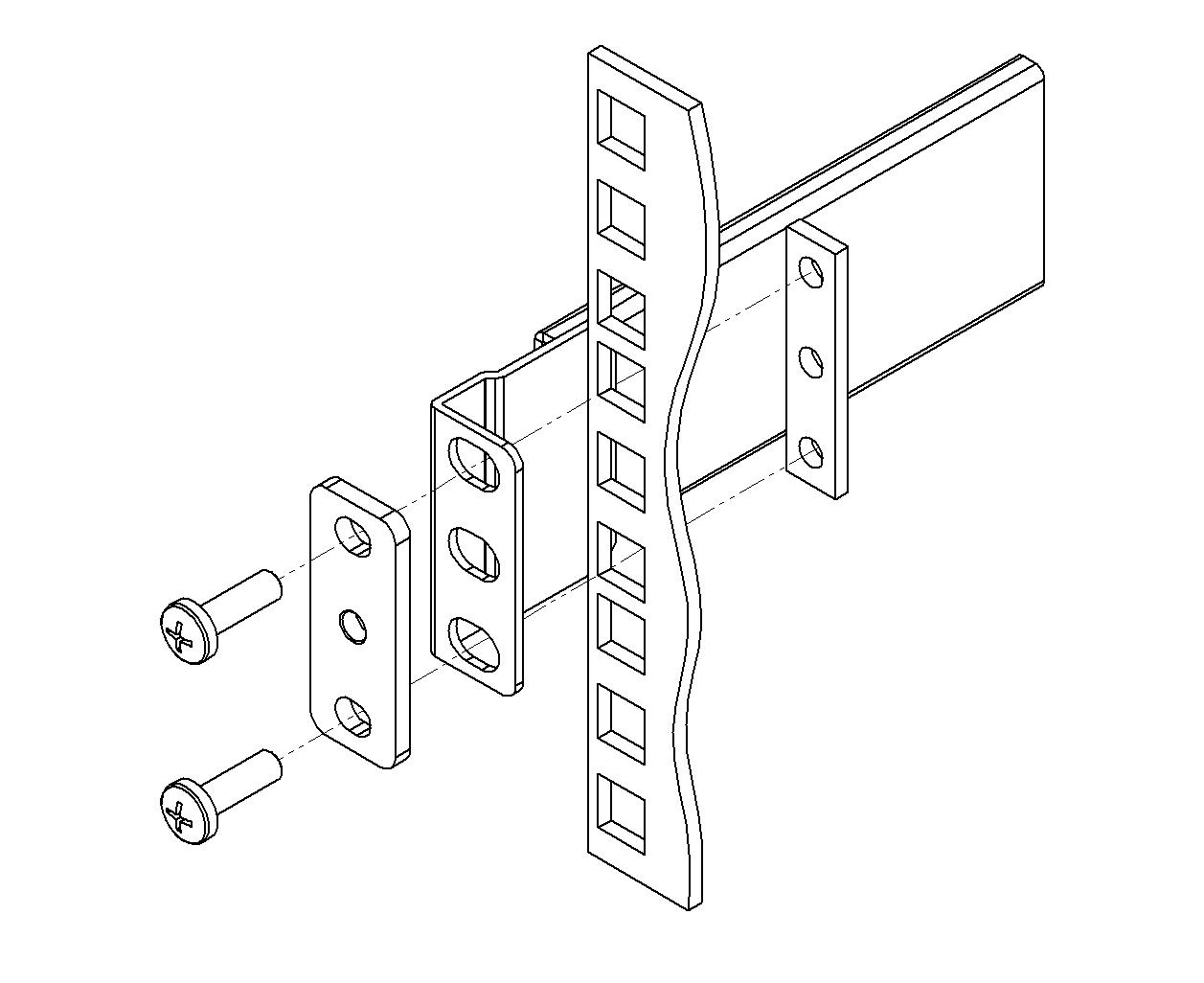 This diagram shows the proper way to screw in and secure the stationary slide rail.