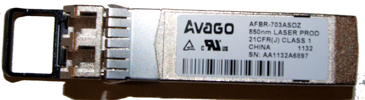 This picture shows a 10 Gigabit SFP+ multi mode transceiver.