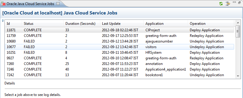 Oracle Java Cloud Service Service Jobs Window