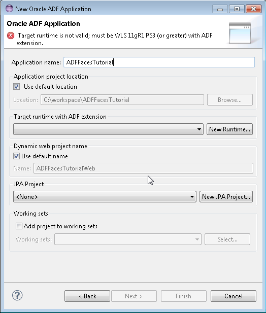 New Oracle ADF Application Dialog