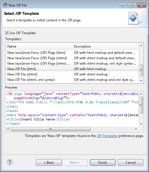 Select JSP Template Page