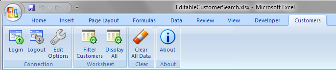 EditCustomerSearch.xlsxの実行時リボン・タブ