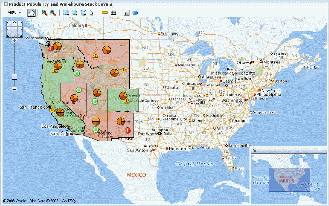 カラー・テーマ、円グラフ・テーマおよび点テーマを使用した地理マップ
