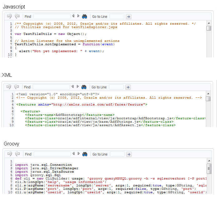 JavaScript、XMLおよびGroovyをサポートするコード・エディタ・コンポーネント