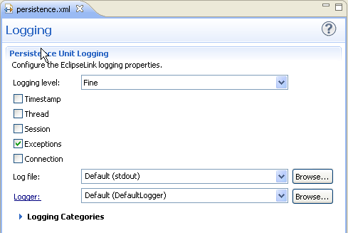 persistence.xmlエディタの「Logging」タブ