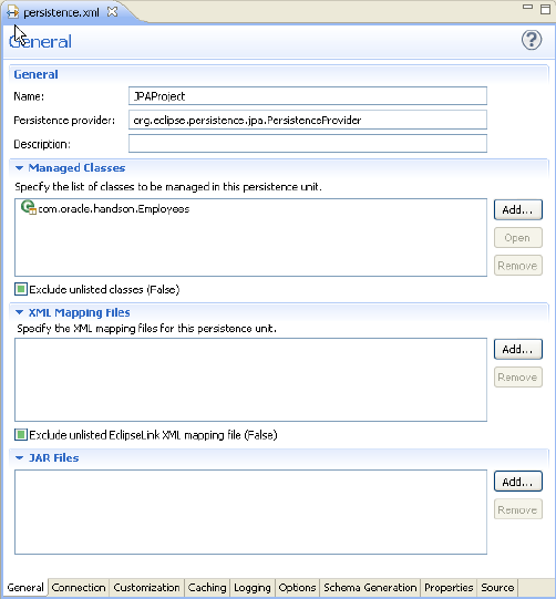 persistence.xmlエディタの「General」タブ