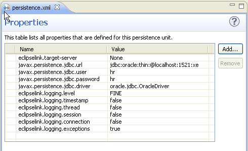 persistence.xmlエディタの「Properties」タブ