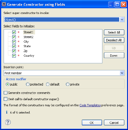 「Generate Constructors using Fields」ダイアログ・ボックス