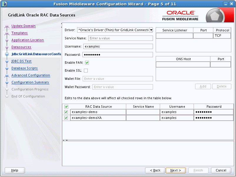 「GridLink RACデータ・ソースの構成」画面