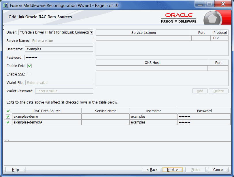 GridLink RACデータ・ソースの構成画面