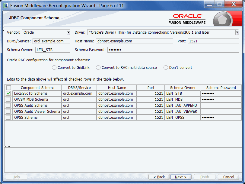 JDBCコンポーネント・スキーマ画面(GridLinkバージョン)