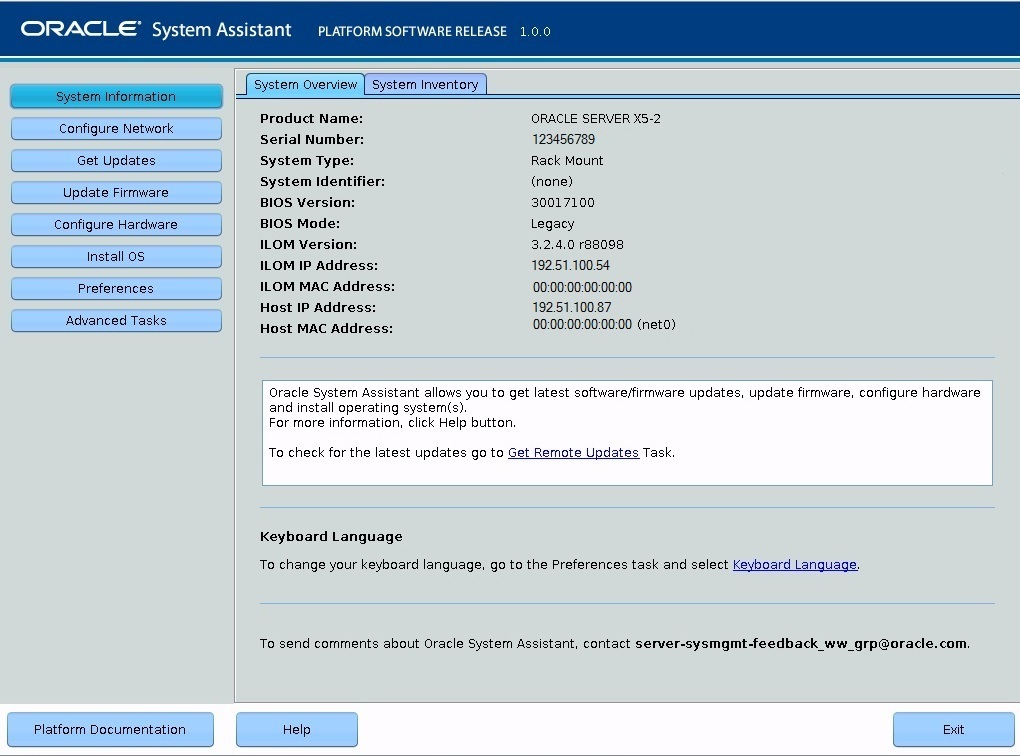 image:En esta figura, se muestra la pantalla Overview (Descripción general) de Oracle System Assistant.