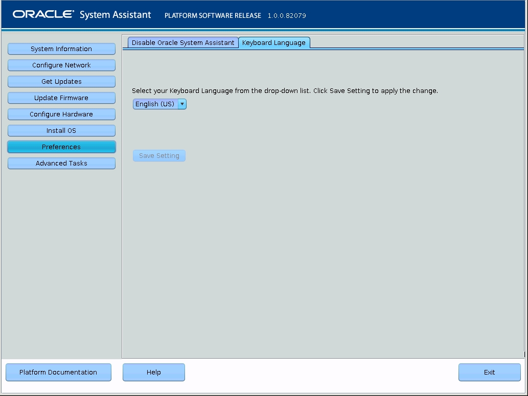 image:En esta figura, se muestra la pantalla Keyboard Language (Idioma del teclado) de Oracle System Assistant.