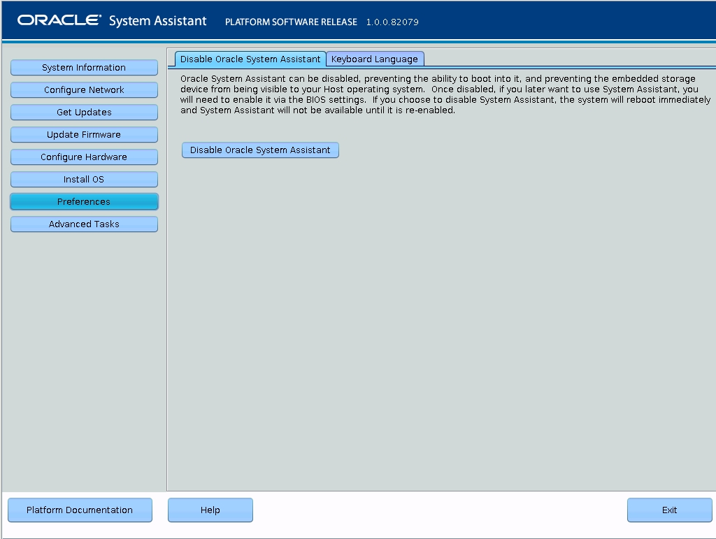 image:En esta figura, se muestra la pantalla Disable Oracle System Assistant (Desactivar Oracle System Assistant) de Oracle System Assistant.