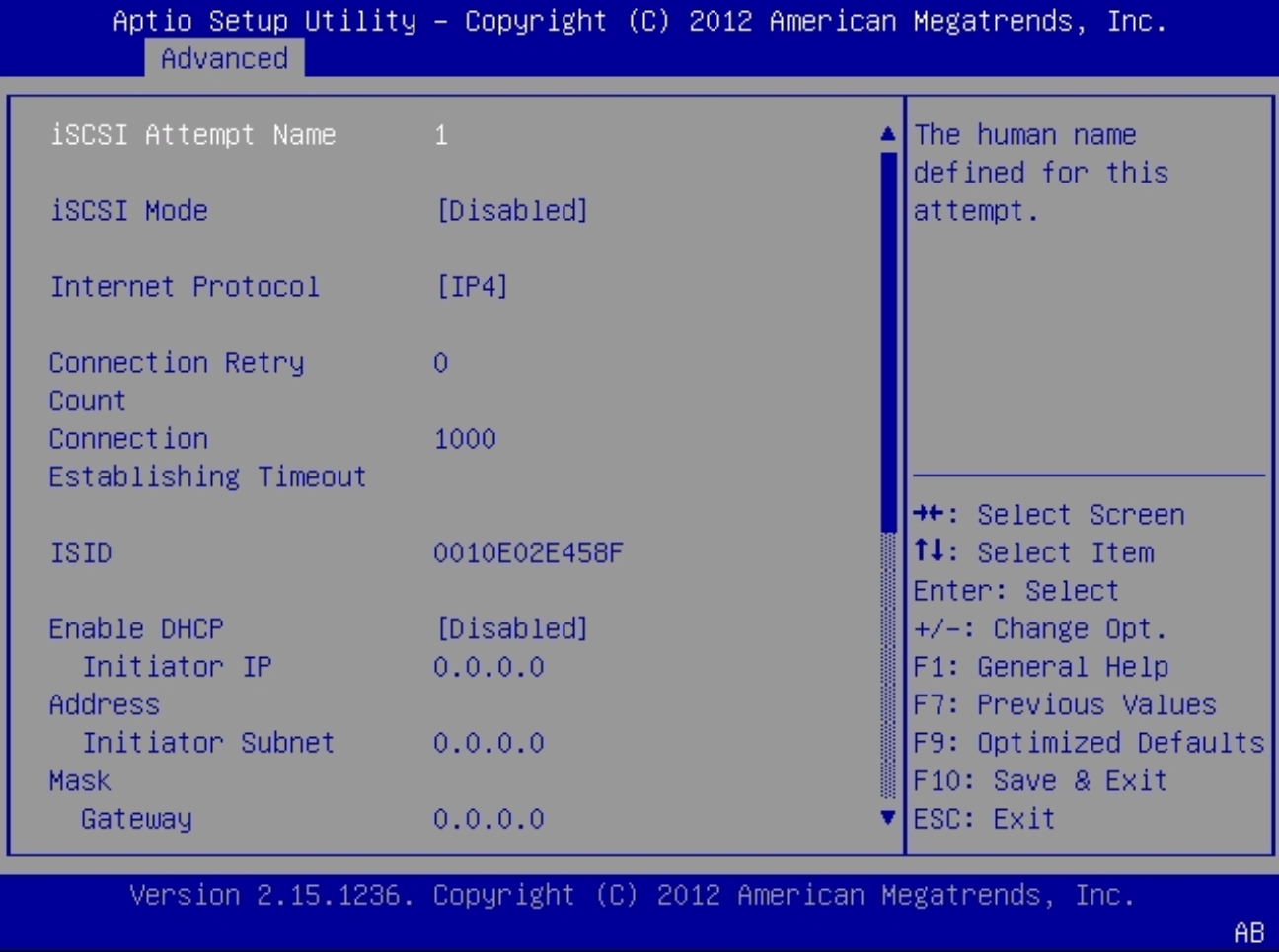 image:En esta figura, se muestra la pantalla de introducción de intento iSCSI del menú UEFI Driver Control (Control de controladores UEFI).