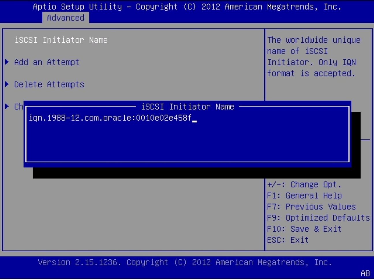 image:Cette figure représente l'écran iSCSI Initiator Name du port iSCSI de la carte réseau dans le menu UEFI Driver Control.