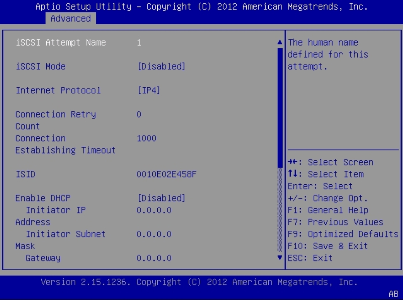image:Cette figure représente l'écran de tentative de saisie iSCSI du menu UEFI Driver Control.