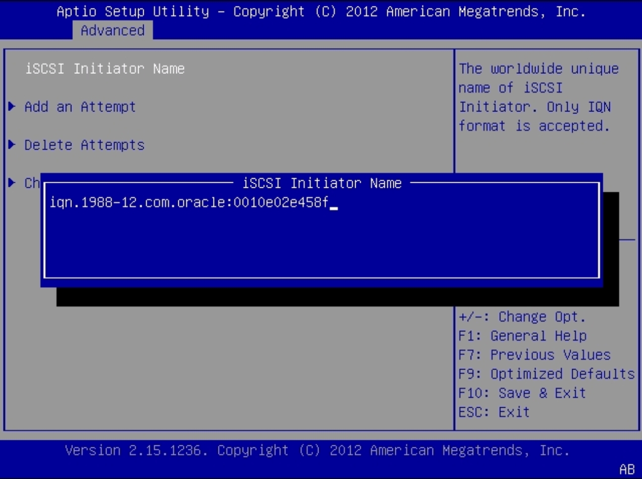 image:Cette figure représente l'écran iSCSI Initiator Name du port iSCSI de la carte réseau iSCSI dans le menu UEFI Driver Control.