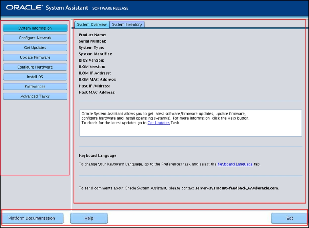image:Oracle System Assistant インタフェースの 3 つのセクションを示すスクリーンキャプチャー。
