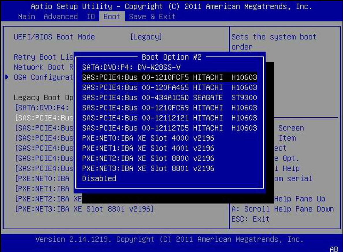 image:ブート順序を選択した BIOS 設定ブートユーティリティー画面。