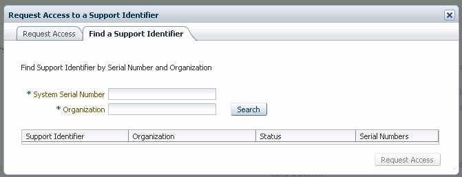 image:この図は、My Oracle Support の Web サイトの「Find a Support Identifier」タブを示しています。