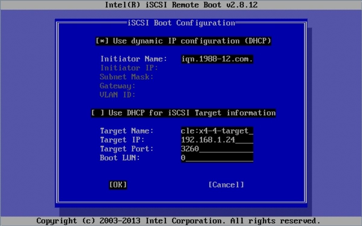 image:「iSCSI Boot Configuration」ウィンドウの図。