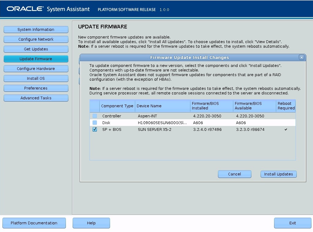 image:この図は、Oracle System Assistant の「Update Firmware」画面を示しています。