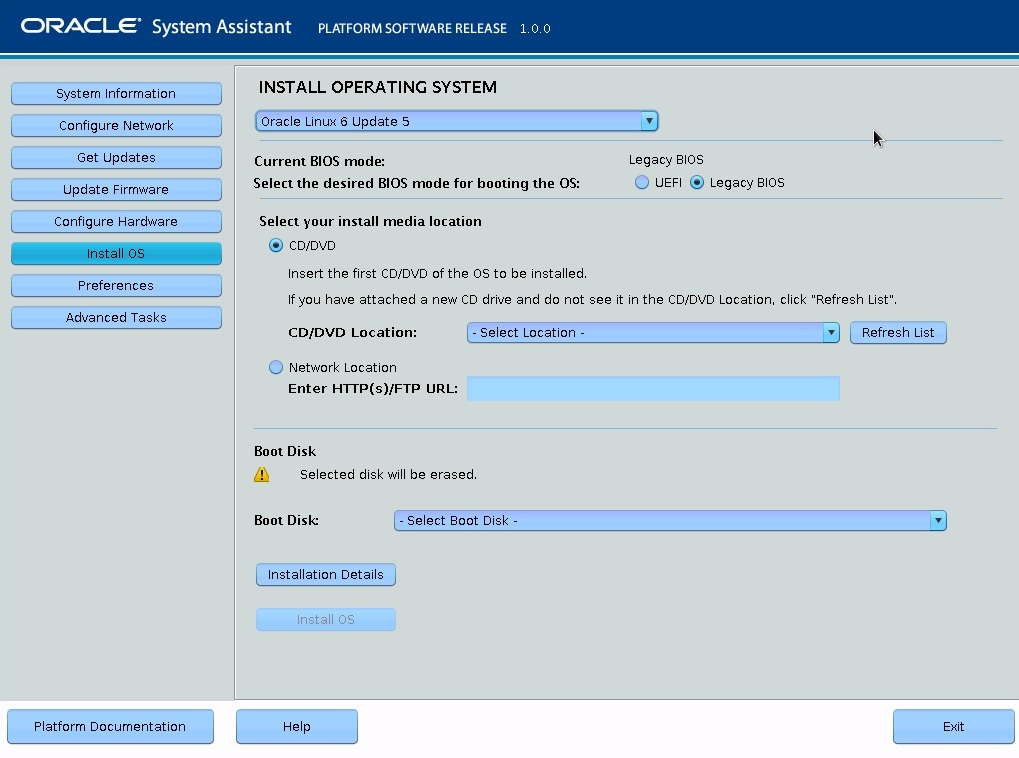 image:この図は、Oracle System Assistant の「Install Operating System」画面を示しています。