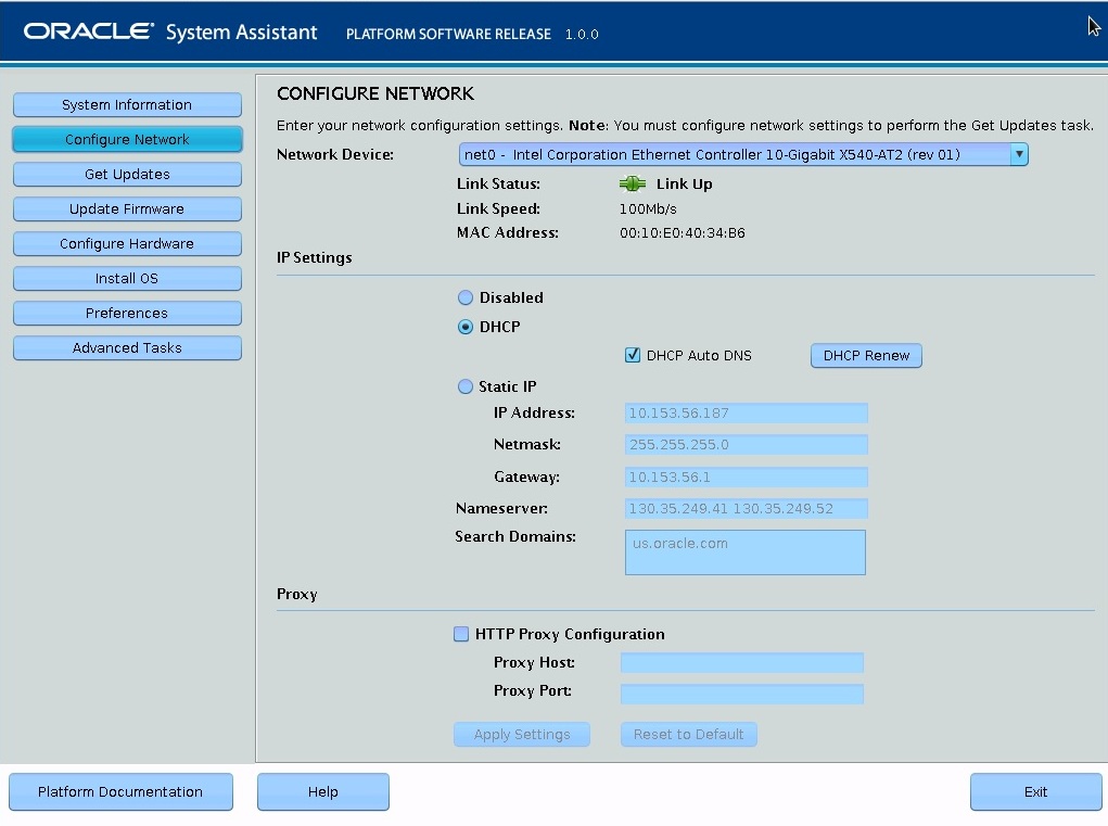 image:Oracle System Assistant の「Configure Network」画面を示すスクリーンショット。