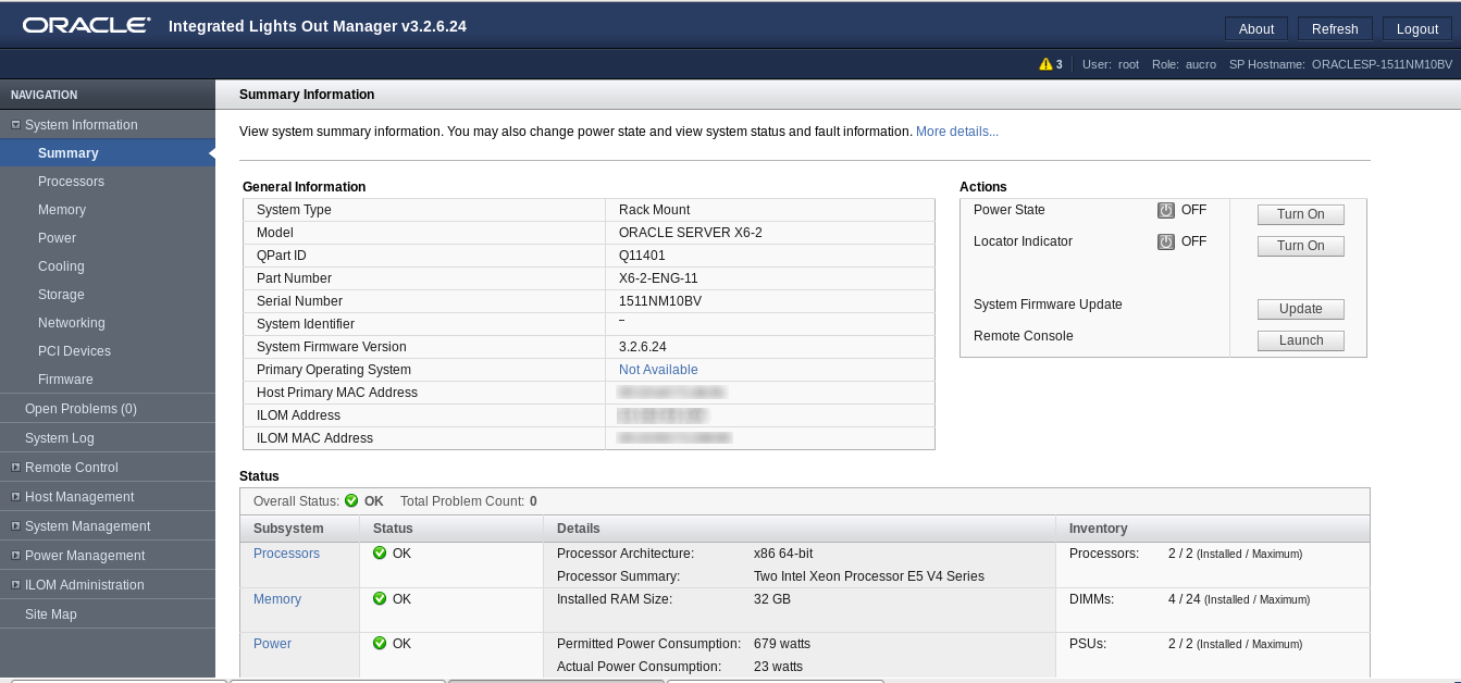 image:이 이미지는 Oracle ILOM Summary Information 페이지를 보여줍니다.