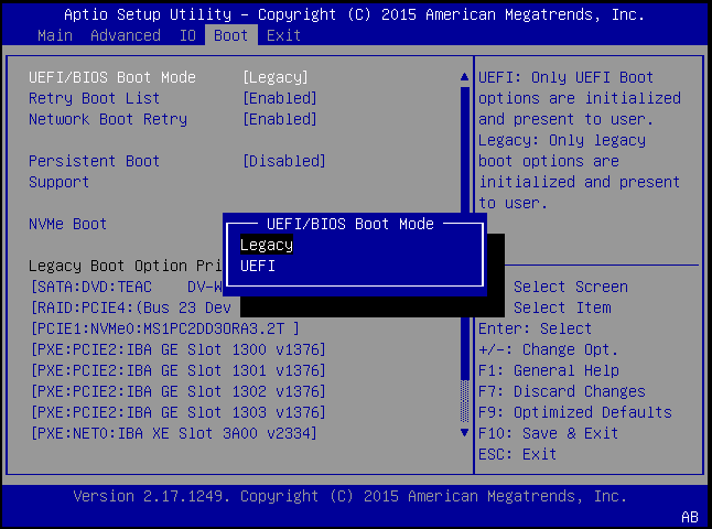 image:BIOS 屏幕显示了 UEFI 和 Legacy BIOS 模式选择。