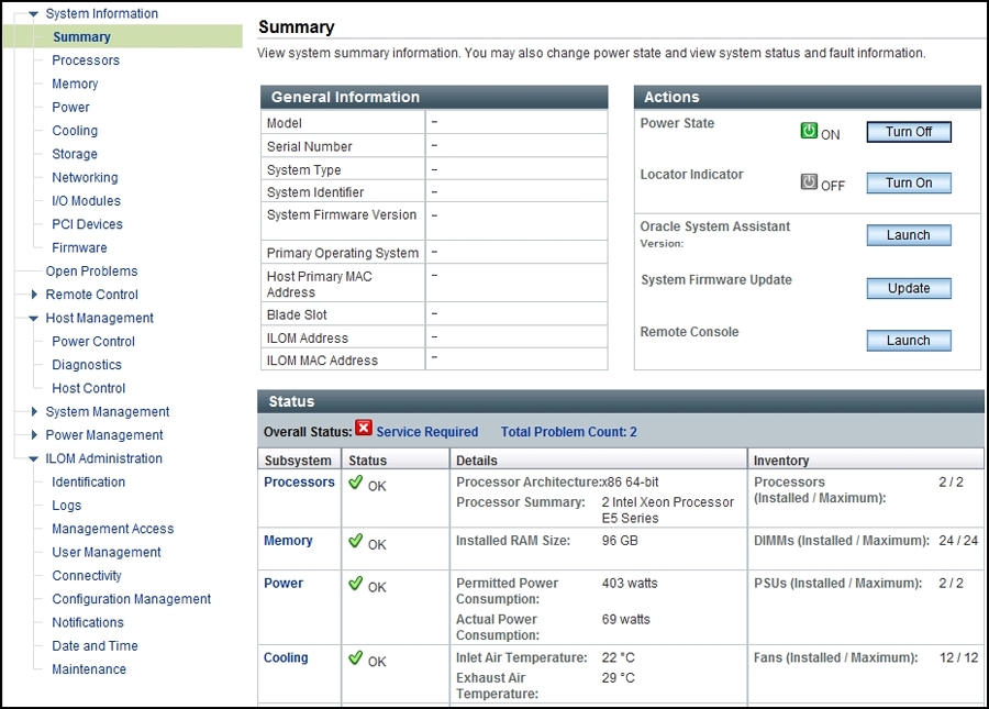 image:Captura de pantalla en la que se muestra la pantalla Summary (Resumen) de Oracle ILOM.