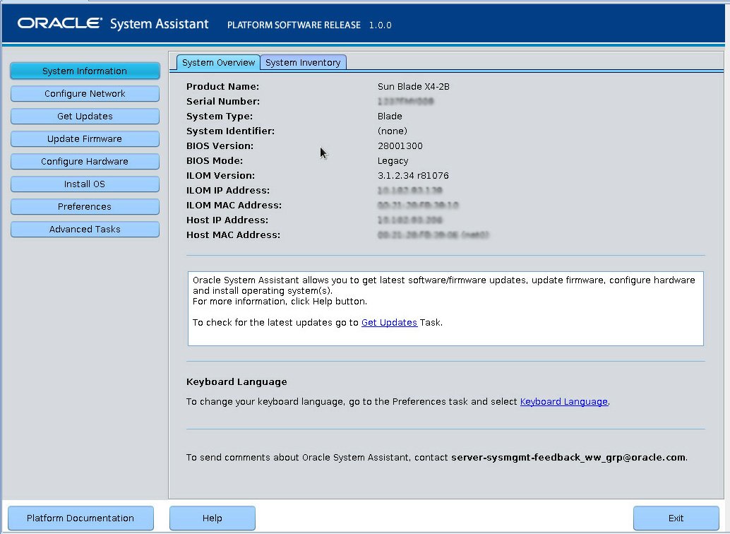 image:Gráfico en el que se muestra la pantalla principal de Oracle System Assistant