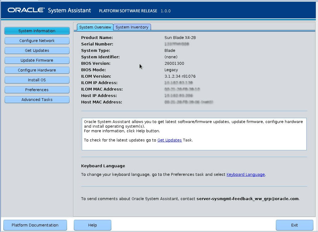 image:Image présentant l'écran principal d'Oracle System Assistant