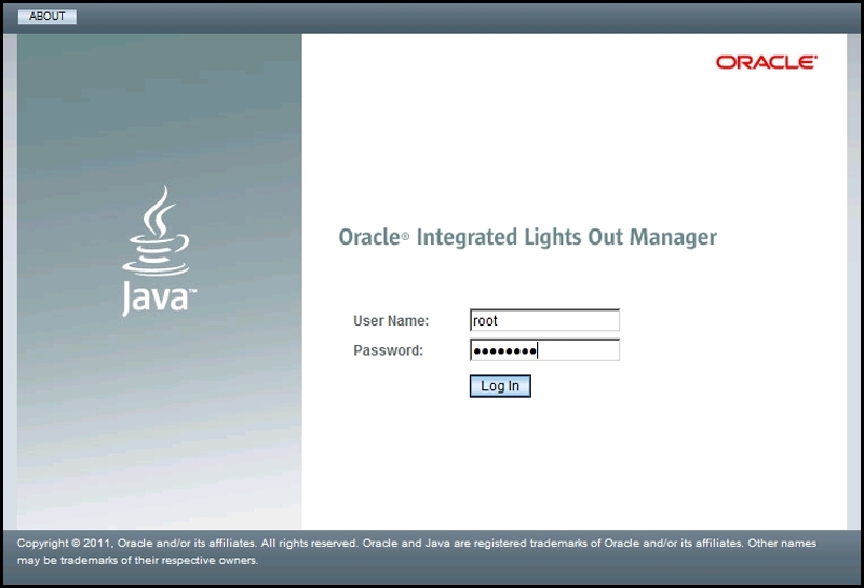 image:Oracle ILOM のログイン画面を示すスクリーンショット。