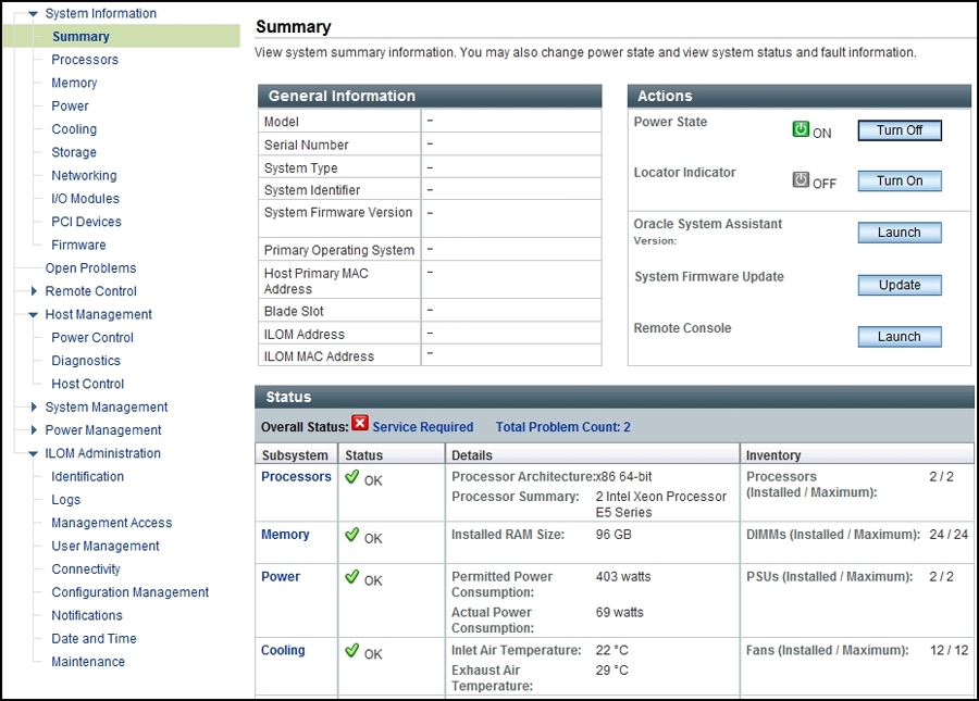 image:Oracle ILOM の「Summary」画面を示すスクリーンショット。