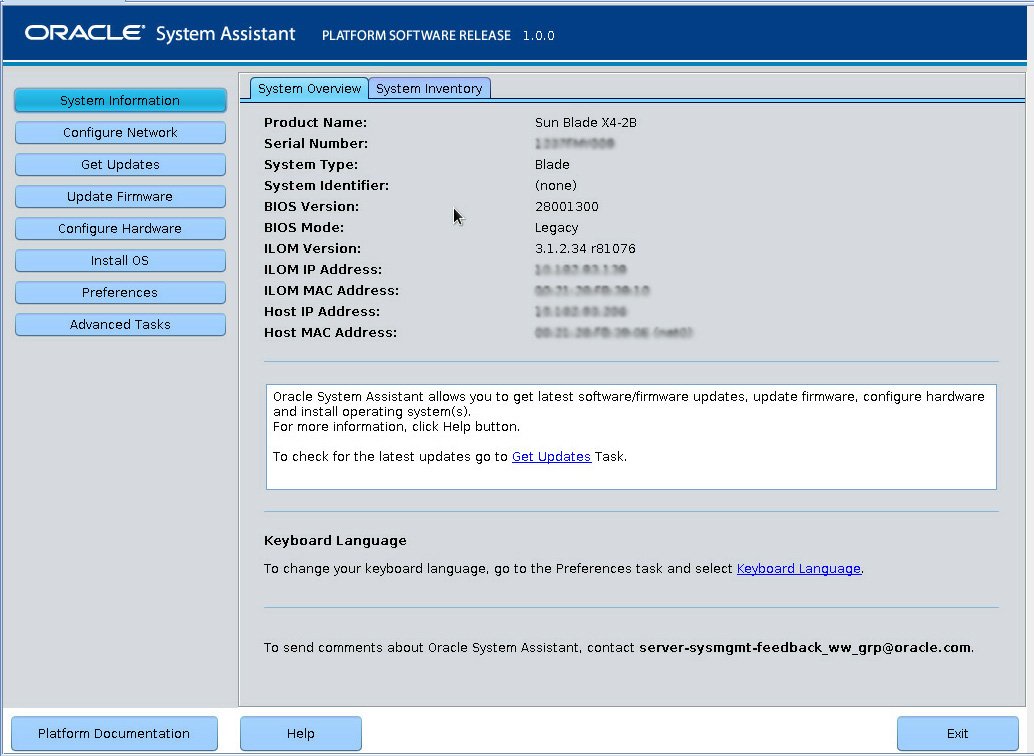 image:Oracle System Assistant のメイン画面を示す図。