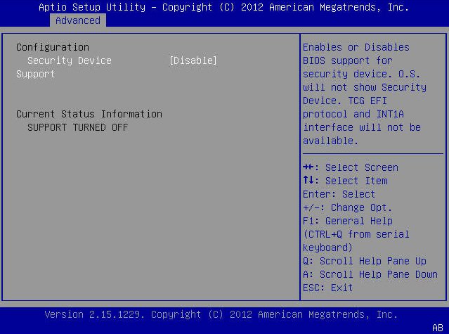 image:BIOS 設定ユーティリティー「Advanced」メニュー画面のスクリーンショット。