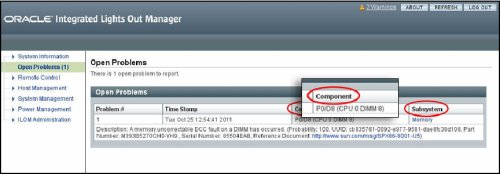 image:Oracle ILOM ブレードの「Open Problems」画面を示すスクリーンショット。