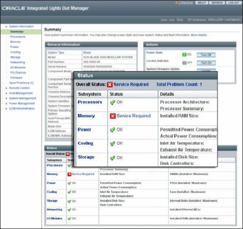 image:「Status」セクションをハイライト表示した Oracle ILOM 「Summary」画面のスクリーンショット。