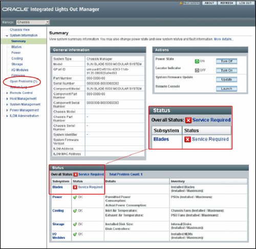 image:領域をハイライト表示した Oracle ILOM CMM「Summary」画面を示すスクリーンショット。