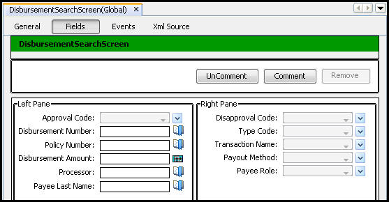 DisbursementSearchScreen Fields Pane