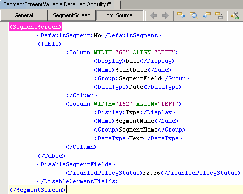 XML Source pane of SegmentScreen business rule