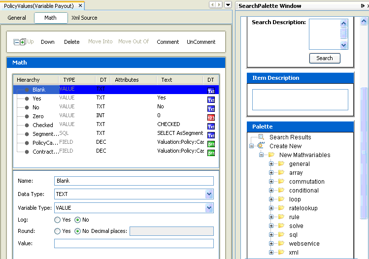 Math pane for the PolicyValues screen