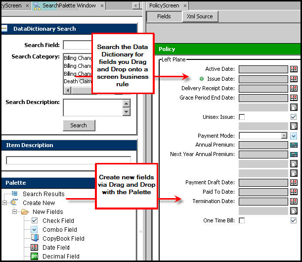 DataDictionary Search and Palette showing drag and drop functionality