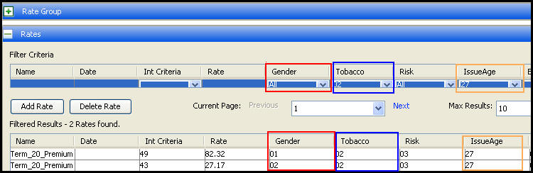 Rates Editor with Filter Criteria selected